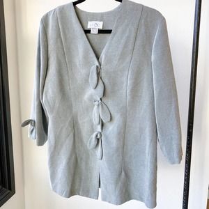 Enge Women's Vintage Gray/White Micro Chevron Bow Detail Long Line Blazer sz 12